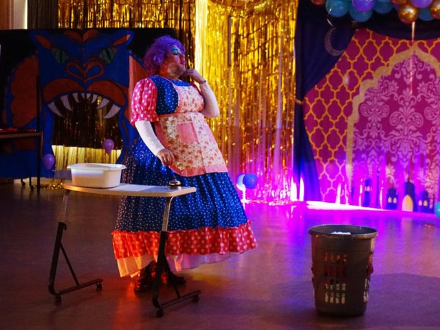Widow Twanky got some laughs, as the community centre was transformed into a stage.