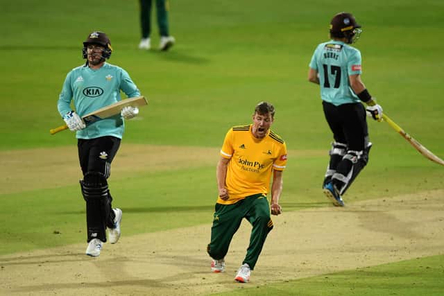 Jake Ball celebrates the wicket of Jason Roy during the Vitality Blast 20 Final against Surrey. (Photo by Alex Davidson/Getty Images)