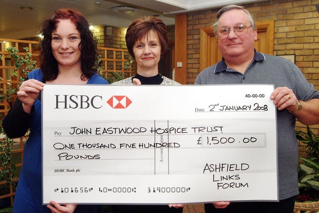 Asfield Links Forum present a cheque for £1,500 to the John Eastwood Hospice in 2008. Pictured (left to right) Sarah Thorpe from Ashfield Links Forum, Hospice manager Diane Humphries, Steve Shaw, Ashfield Links Forum. The money was raised at a charity ball in the Masonic Hall.