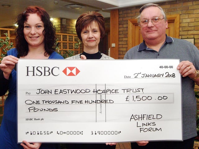 Asfield Links Forum present a cheque for £1,500 to the John Eastwood Hospice in 2008. Pictured (left to right) Sarah Thorpe from Ashfield Links Forum, Hospice manager Diane Humphries, Steve Shaw, Ashfield Links Forum. The money was raised at a charity ball in the Masonic Hall.