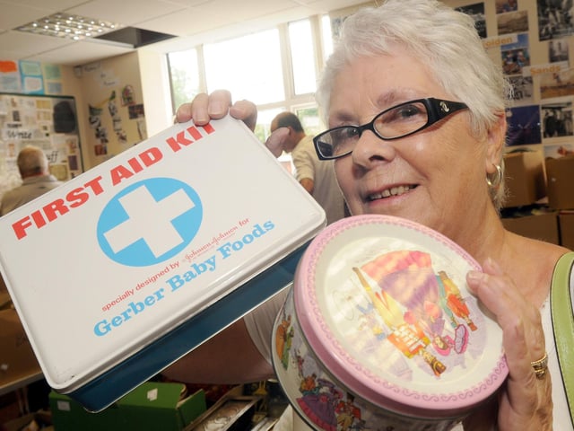 At Mansfield Museum Metal Box Memory Day in 2010. Anne Adams who worked at Metal Box between 1973 and 1999 pictured with some of the tins she remembers.