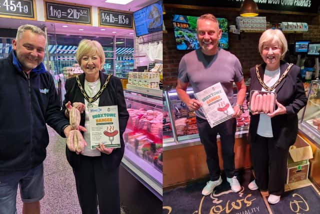 Councillor Barbara Carr alongside the owners of Meat 4 U and Barlows Butchers