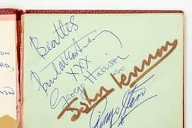 Pamela Timson's Beatles autographs.  A gesture of goodwill by a mystery member of The Beatles could earn a Nottinghamshire woman thousands of pounds as she prepares to part with treasured musical memories from the 1960s.  See SWNS story SWMDbeattles.  The Fab Four were so new on the music scene in 1963, Pamela Timson hadn’t worked out which Beatle was which when one popped out from a backstage door at the Granada Theatre in Mansfield, Notts 57 years ago.  Pamela, then just 12, used to hang out there with friends and other young music fans in the hope of gaining autographs. When a musician or singer appeared, they’d all thrust their autograph books up in hope. Her book was among a few whisked away by the unknown Beatle. It was returned to her shortly afterwards with a full set of Beatles signatures - Paul McCartney, George Harrison, John Lennon and Ringo Starr.  Now Pamela’s autograph book, which boasts other 1960s musical legends including Adam Faith, Roy Orbison and The Walker Brothers, is due to go under the hammer at Hansons Auctioneers on July 21 with a guide price of £3,000-£4,000.