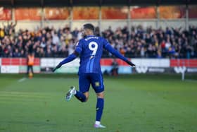 Jordan Bowery nets during the Sky Bet League 2 match against Salford City FC at The Peninsula Stadium, 11 Nov 2023 
Photo Chris & Jeanette Holloway / The Bigger Picture.media