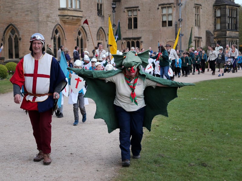 Shane and Sarah Taylor lead the 1st Skegby Scouts during a ST George's Day celebration in 2019.