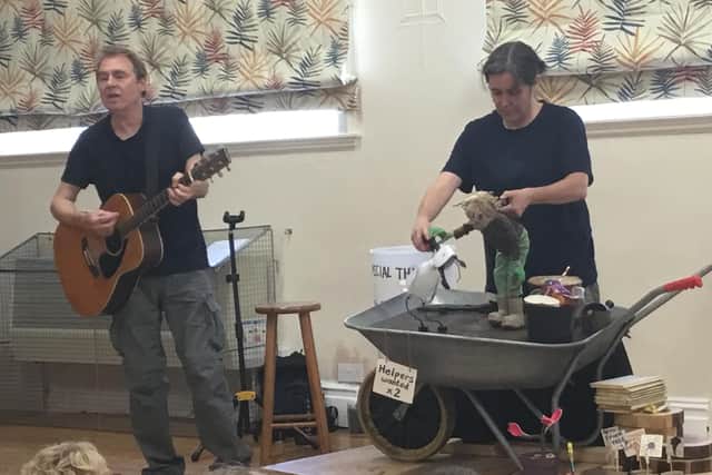 Theatre company Wayward Objects presenting Tales from the Wheelbarrow at Sherwood Junior School in Warsop