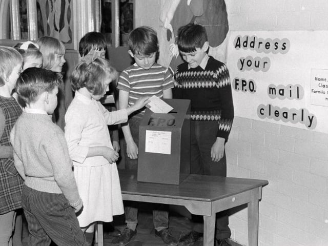 Pupils using the post office at Farmillo School in Pleasley in 1965.