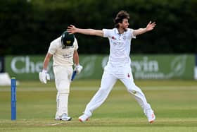 Fynn Hudson-Prentice of Derbyshire successfully appeals for the wicket of Nottinghamshire captain Steven Mullaney during the LV= Insurance County Championship match between at Derbyshire and Nottinghamshire The Incora County Ground (Photo by Gareth Copley/Getty Images)