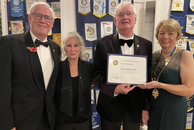 David Edwards was presented with the prestigious Paul Harris Fellowship at the Mansfield Rotary’s 94th Charter Night at the Hostess Restaurant in Sookholme.