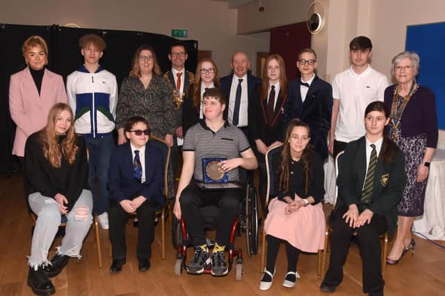 Mansfield Rotary Club 2022 Courage Award winners with dignitaries including Andy Abrahams, Mansfield mayor, and, Kate Allsop, right, Mansfield Rotary Club president.