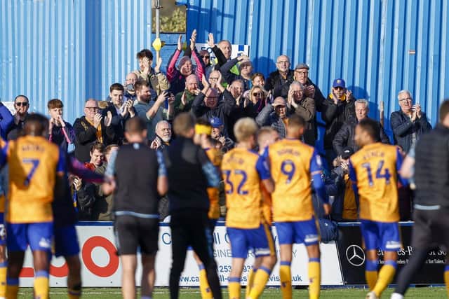 Stags salute their fans after the win at Barrow almost two weeks ago.