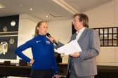 Winner Victoria Levitt is interviewed by Nick Johnson of Sky Sports.