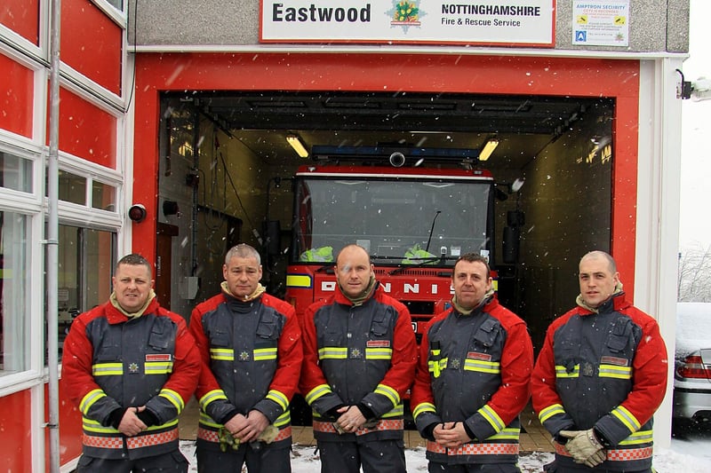 Eastwood fire fighters. Watch manager Jim Marston, firefighter Andy holloway, firefighter Richard Brookes, firefighter Paul Bradley and firefighter Dave Allen.