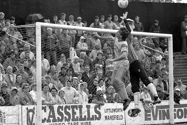 Mark Kearney challenges the keeper in Stags' 1987 home game with Walsall.