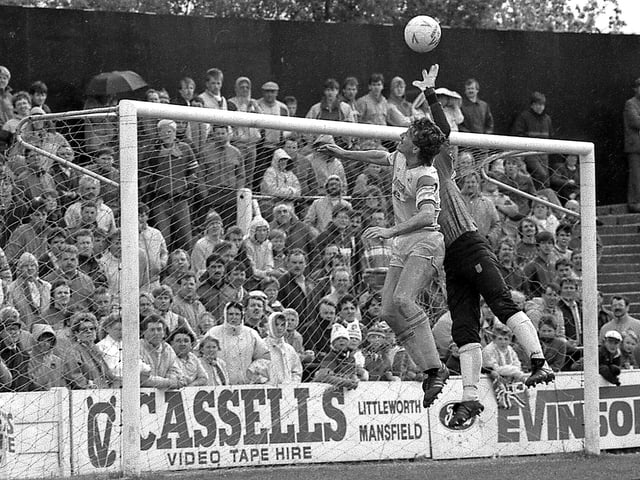 Mark Kearney challenges the keeper in Stags' 1987 home game with Walsall.