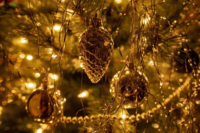 Christmas tree decorations and lights.
