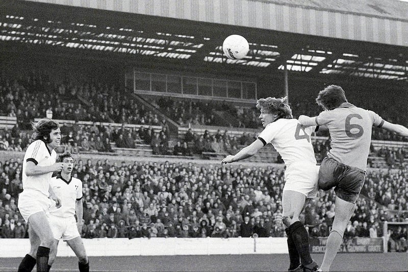 Kevin Bird goes up for a header against Shrewbury in 1978. Hibernian became the first British top-flight team to wear sponsors on their shirts for the 1977/78 season.
