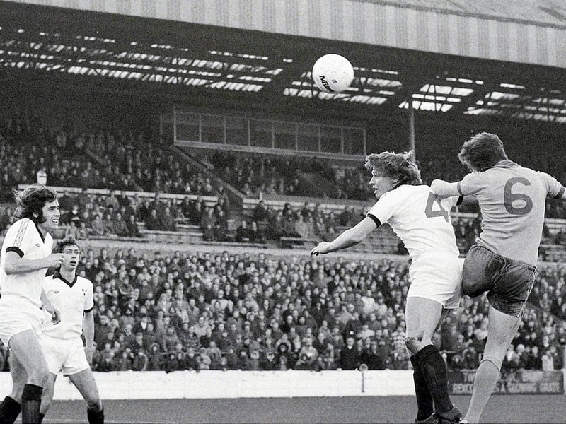 Kevin Bird goes up for a header against Shrewbury in 1978. Hibernian became the first British top-flight team to wear sponsors on their shirts for the 1977/78 season.