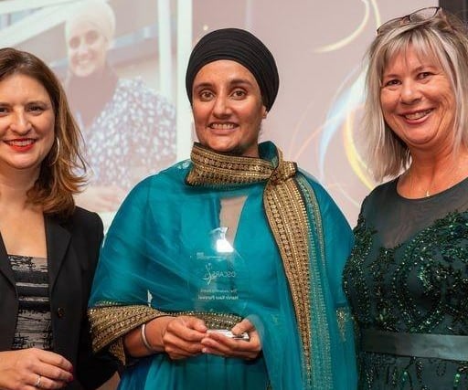 The Leadership award was given to Harvir Kaur Purawal, Specialist Community Dietitian (centre)  who was described as 'a much valued ‘leader’ within the allied health professional (AHP) integrated care system (ICS) network and in her representation of Trust AHPs'. She is pictured with BBC Radio Nottingham’s Sarah Julian (left) and Trust chief executive Anne-Maria Newham (right).
