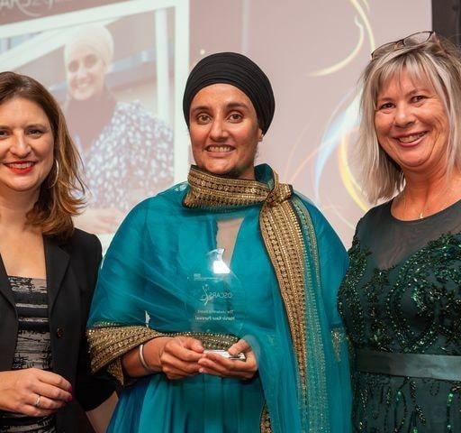 The Leadership award was given to Harvir Kaur Purawal, Specialist Community Dietitian (centre) who was described as 'a much valued ‘leader’ within the allied health professional (AHP) integrated care system (ICS) network and in her representation of Trust AHPs'. She is pictured with BBC Radio Nottingham’s Sarah Julian (left) and Trust chief executive Anne-Maria Newham (right).