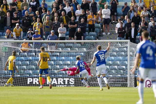 Stags concede early during the Sky Bet League 2 match against Gillingham FC at the MEMS Priestfield Stadium, 30 Sept 2023. 
Photo Chris & Jeanette Holloway / The Bigger Picture.media