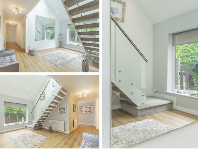 It's time to go upstairs now, via the attractive hallway and the lovely, carpeted staircase with glass balustrade.