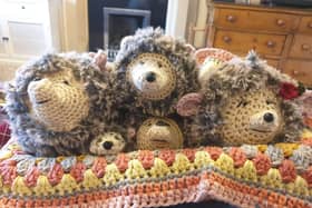 Mable, Harry and their three children - the woolly hedgehogs made by Katy Whitby