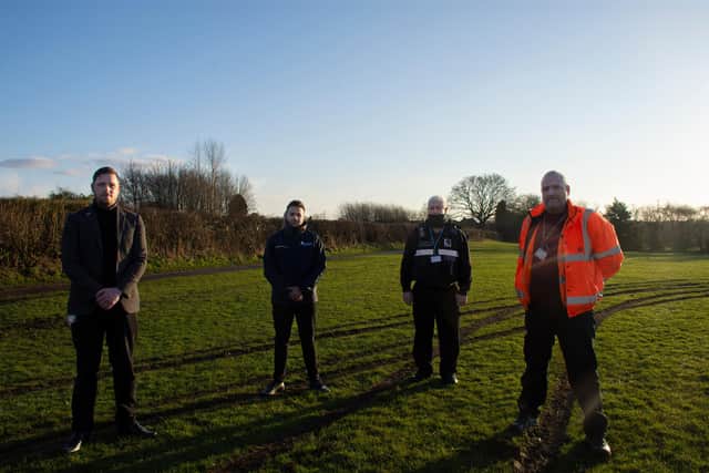 Coun Dale Grounds and Antonio Taylor, community protection manager at the council, inspect the damage with a council protection officer and the Kirkby environment team leader