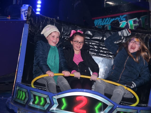 Squeels of delight from Chloe Bramley, Amy Challenger and Ella Bramley as they ride the waltzer in 2019.