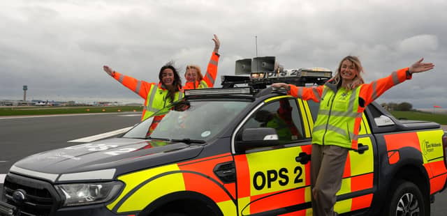 Pictured are, from left, EMA Operations Director Lauren Turner and Airfield Operations Duty Managers Nic Dowson and Leanne Skinner