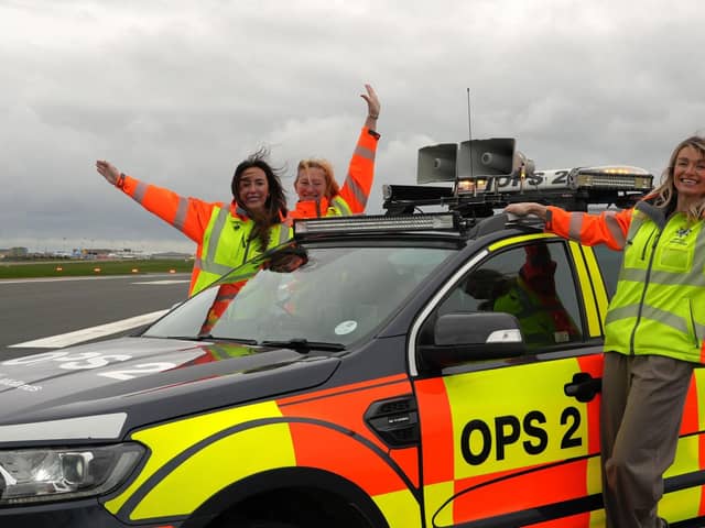 Pictured are, from left, EMA Operations Director Lauren Turner and Airfield Operations Duty Managers Nic Dowson and Leanne Skinner