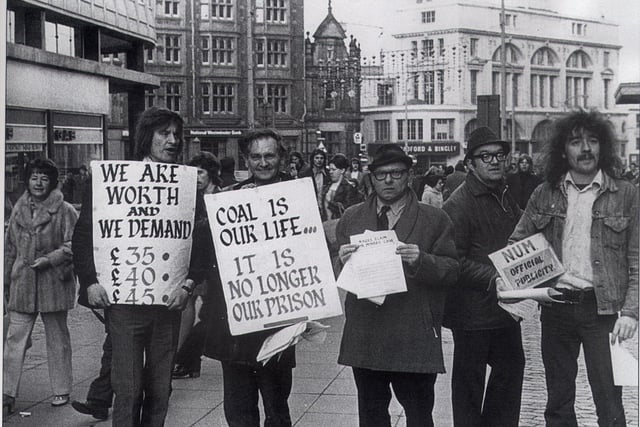 Saturday afternoon in Fargate, Sheffield, in December 1973, and mineworkers from hickleton, Doncaster, drum up support from the public