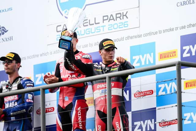 Kyle Ryde celebrates a third-place finish during the sprint race at Cadwell Park on Monday. Pic; Michael Hallam.