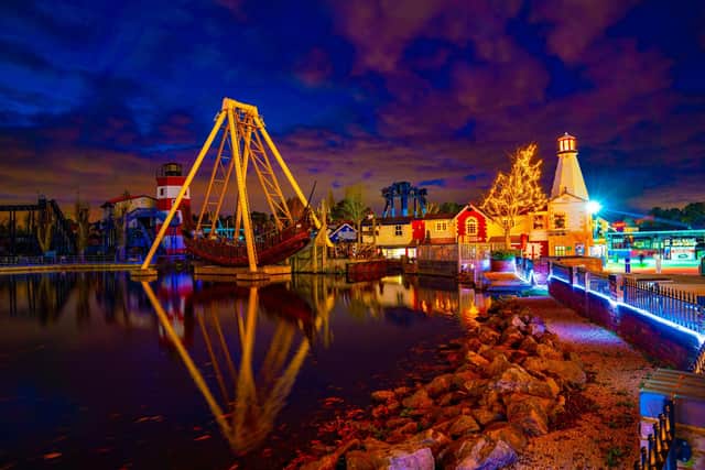 The lakeside at Drayton Manor which is the location for a spectacular end-of-day event - a water show which features choreographed jets, a large water screen, pyrotechnics, and animations.