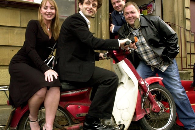 The Heartlands film premiere at Penistone Cinema in 2003, pictured are cast from the film LtoR Jane Robbins, Michael Sheen and Mark Addy with Director Damien O'Donnell