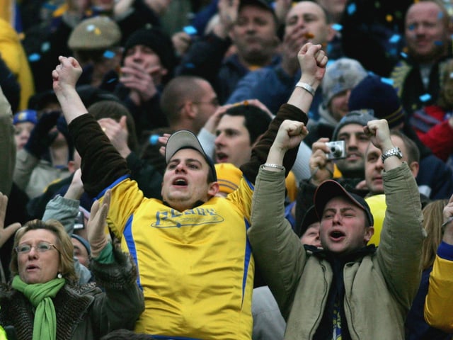 Mansfield supporters cheer on their team during the F.A Cup Third Round match between Newcastle United and Mansfield Town at St.James' Park on January 7, 2006. Stags put in a great performance before going down 1-0 thanks to Alan Shearer's 80th minute winner.