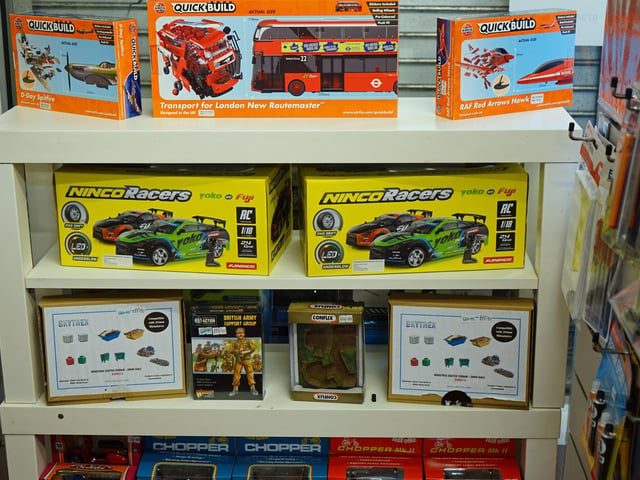 Toy vehicles and model railways.