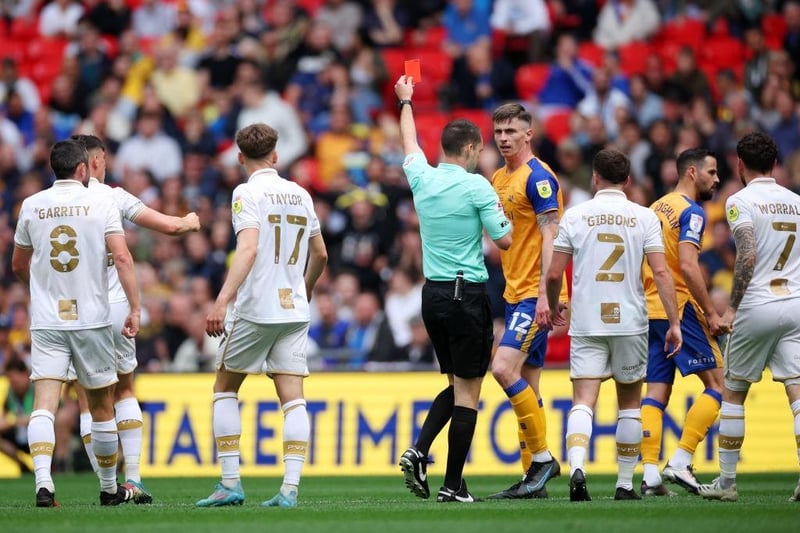 Oliver Hawkins is shown a red card as Stags slump to defeat against Port Vale in the play-off final.