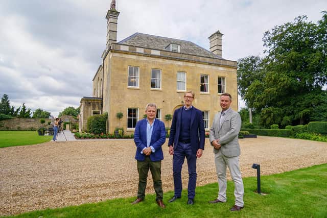 The transformed Grade-II listed 18th Century Cuckney House on the Welbeck Estate. Nigel Porter property and rural estates director, Ian Goodwin chief exec Welbeck estates company and Ross Owen hospitality manager.