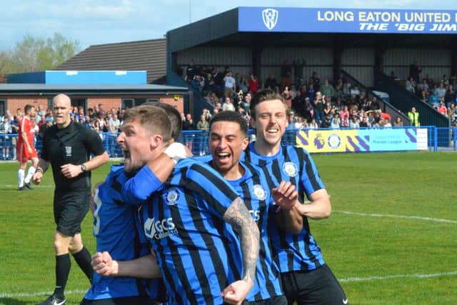 Long Eaton celebrate a goal in title showdown with Gresley.