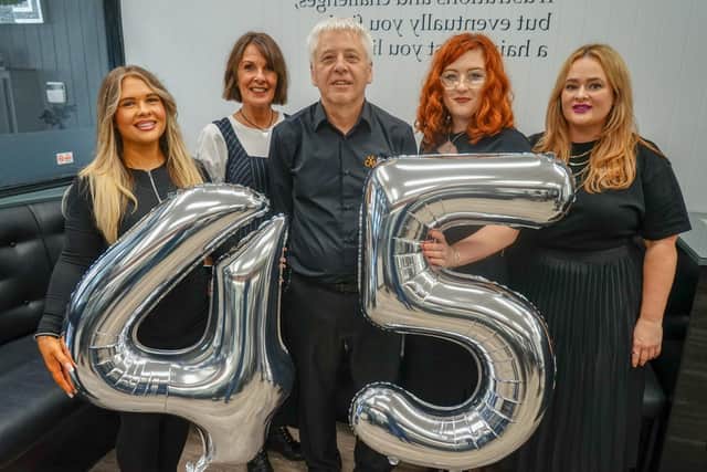 Mansfield salon Campions celebrating 45 years. Jo Parkes, Karen Dunn, Paul Sanderson, Katie Griffiths and Michelle Fahy.
