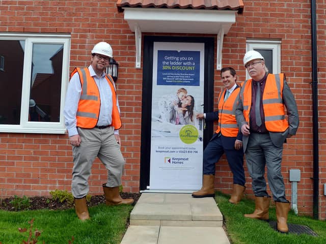 The Secretary of State for Housing RT Hon Robert Jenrick MP visited Shirebrookon Friday  to mark the launch of the Government's First Homes scheme. Pictured is Mr Jenrick with MP Mark Fletcher and the leader of Bolsover District Council Coun Steve Fritchley.