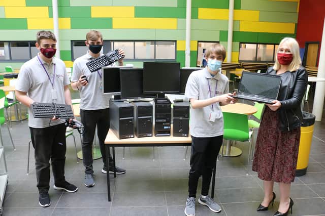 Students Jack Gray, Jonathan Hallowes and Peter Beardsley with Katie Cooper-Lewis from WeMakeICTPossible