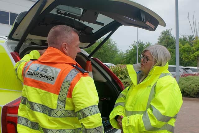 Sherwood Forest MP Michelle Welsh chats with an East Midlands traffic officer. Photo: Submitted