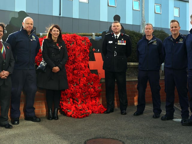 Ashfield Fire Station Blue Watch with ATTFE College Principal Liz Barrett OBE, Nottinghamshire Fire and Rescue Service, Chief Fire Officer Craig Parkin DL (Centre left and Right)