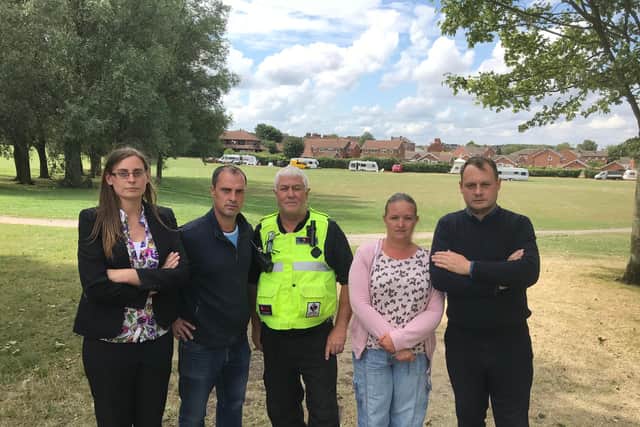 Councillors Helen-Ann Smith, David Hennigan, Pete Calladine (Community Protection Officer), Samantha Deakin and Jason Zadrozny on Sutton Lawn. 
Picture taken in August 2019