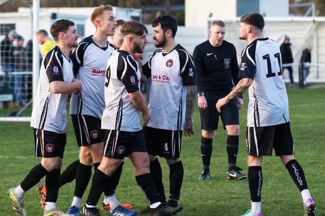 Clipstone celebrate Tim Gregory’s first goal against Harrowby. Photo by Paul Neal.