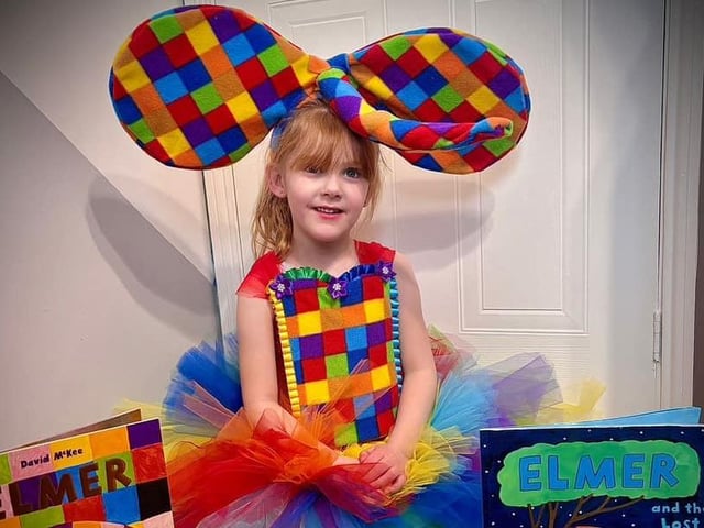 Willow, aged 5, as Elmer The Patchwork Elephant