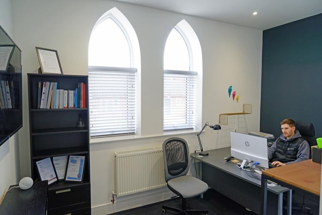 Renovated church now office space in Mansfield. ME Projects. Inside the office space.