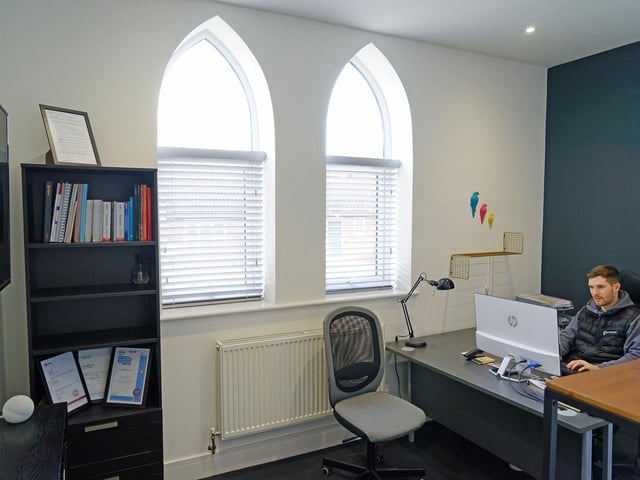 Renovated church now office space in Mansfield. ME Projects. Inside the office space.